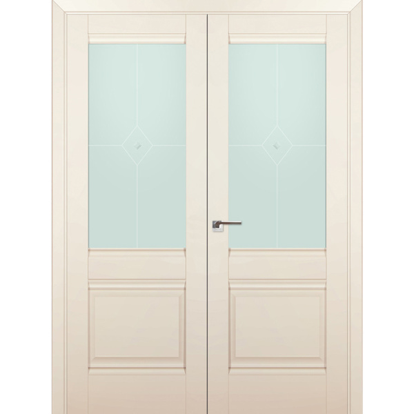 Межкомнатная дверь экошпон Profil Doors 2U магнолия сатинат распашная двустворчатая остеклённая