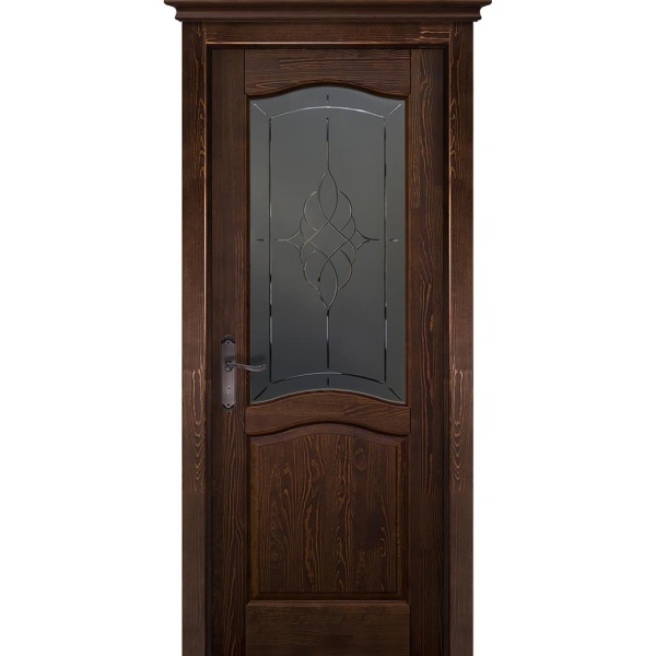 Межкомнатная дверь массив сосны Лео Браш античный орех стекло графит с фрезеровкой
